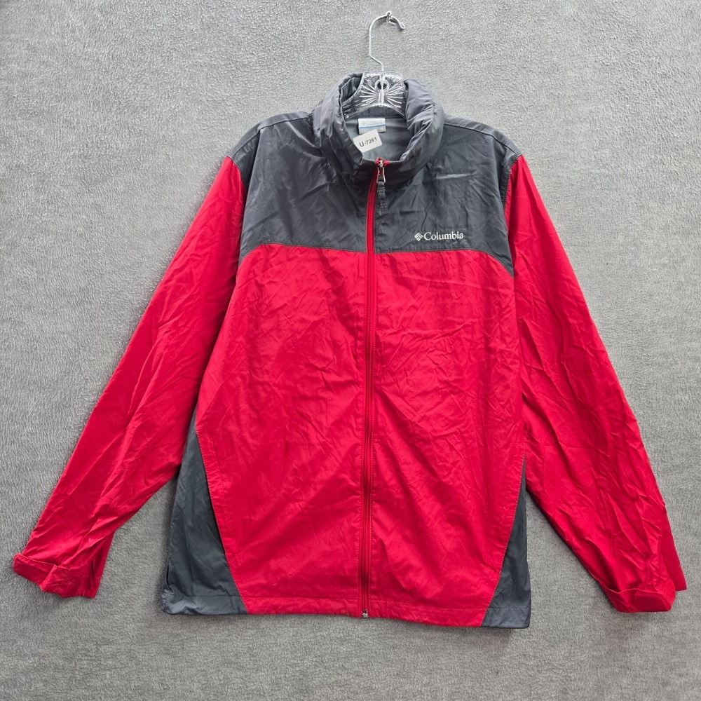 Columbia Men Jacket Medium Red Colorblock Windbreaker Hoodie Nylon Full Zip